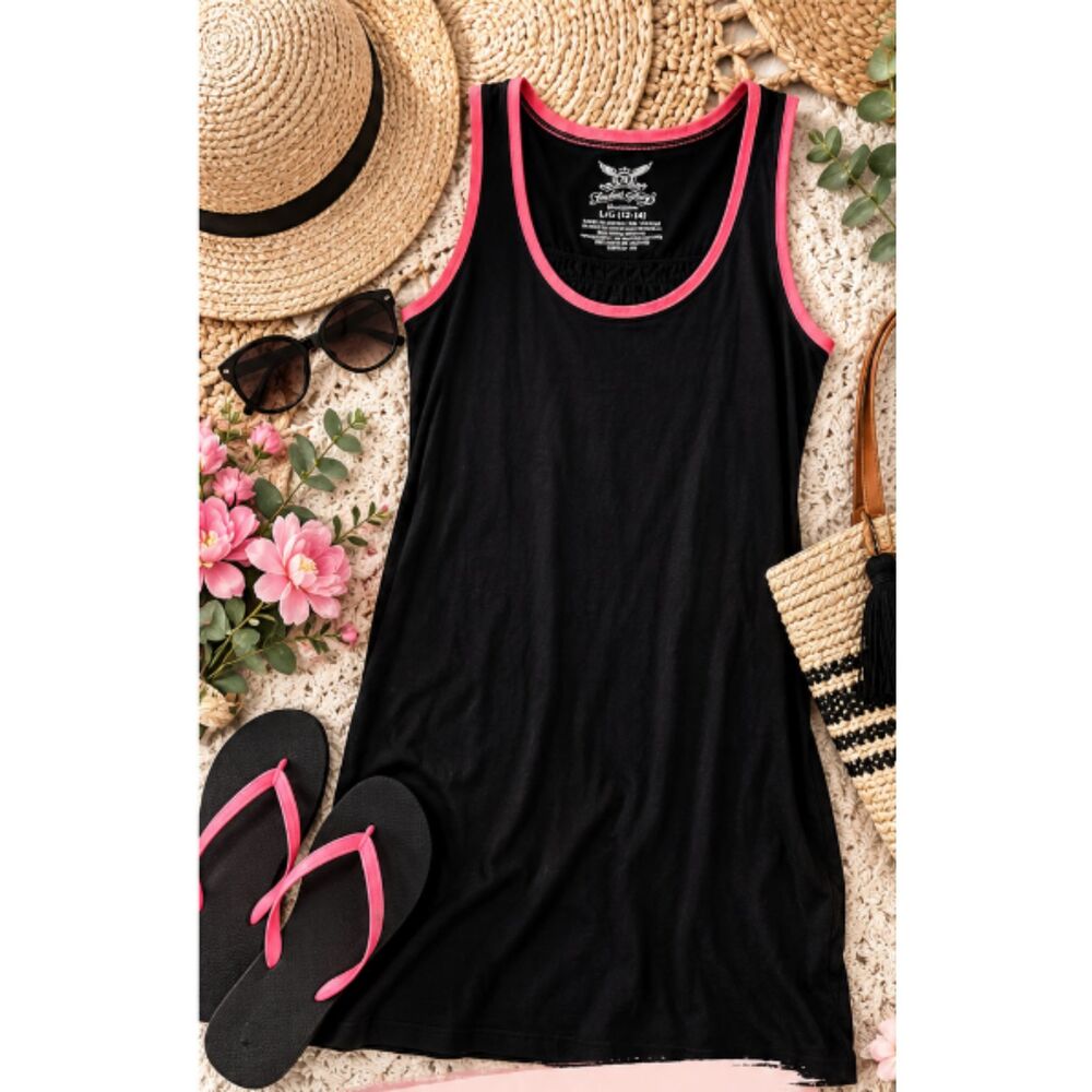 Faded Glory Sleepwear Black Pink Trim Tank Nightgown Size L 12-14